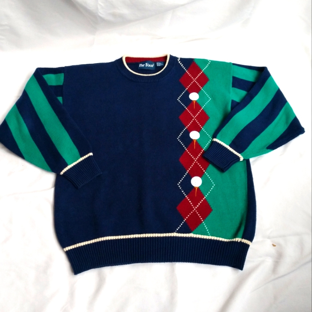 Par Four Golf Vintage Knit Argyle Golf Ball Crew Neck Grandpa Dad Chunky Crew